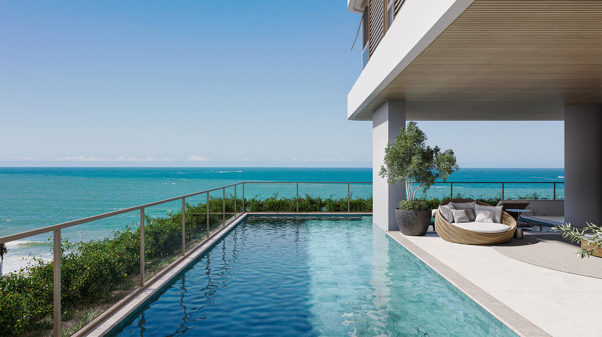 Área de piscina com vista mar
