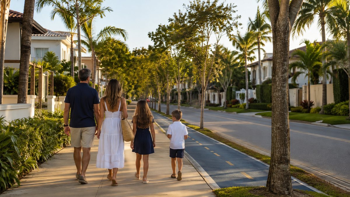 Segurança em Bertioga: família caminhando em rua arborizada de bairro residencial da cidade