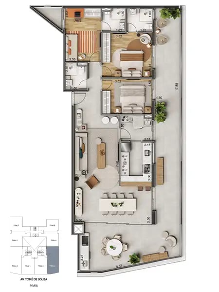 149,60 m² — 3 dorms., 2 suítes (finais 3 e 4) do Onda Bertioga