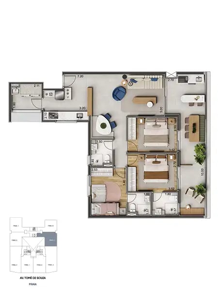 104,70 m² — 3 dorms., 2 suítes (finais 5 e 6) do Onda Bertioga