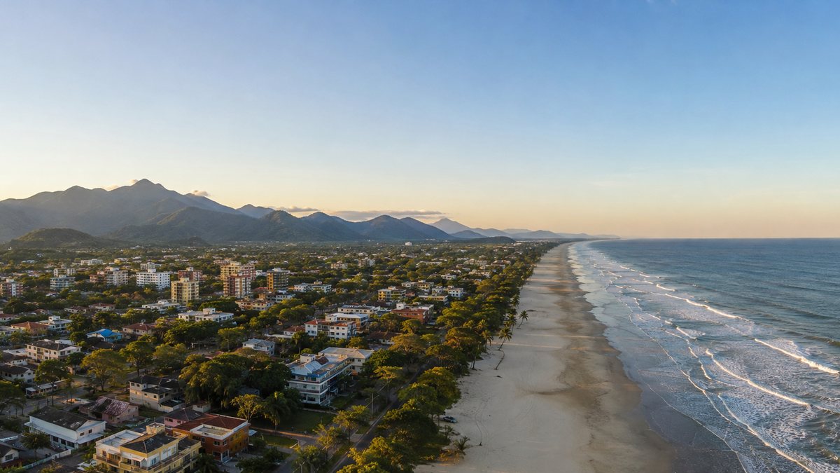 Segurança em Bertioga: vista aérea da orla da cidade com prédios baixos e Mata Atlântica ao fundo