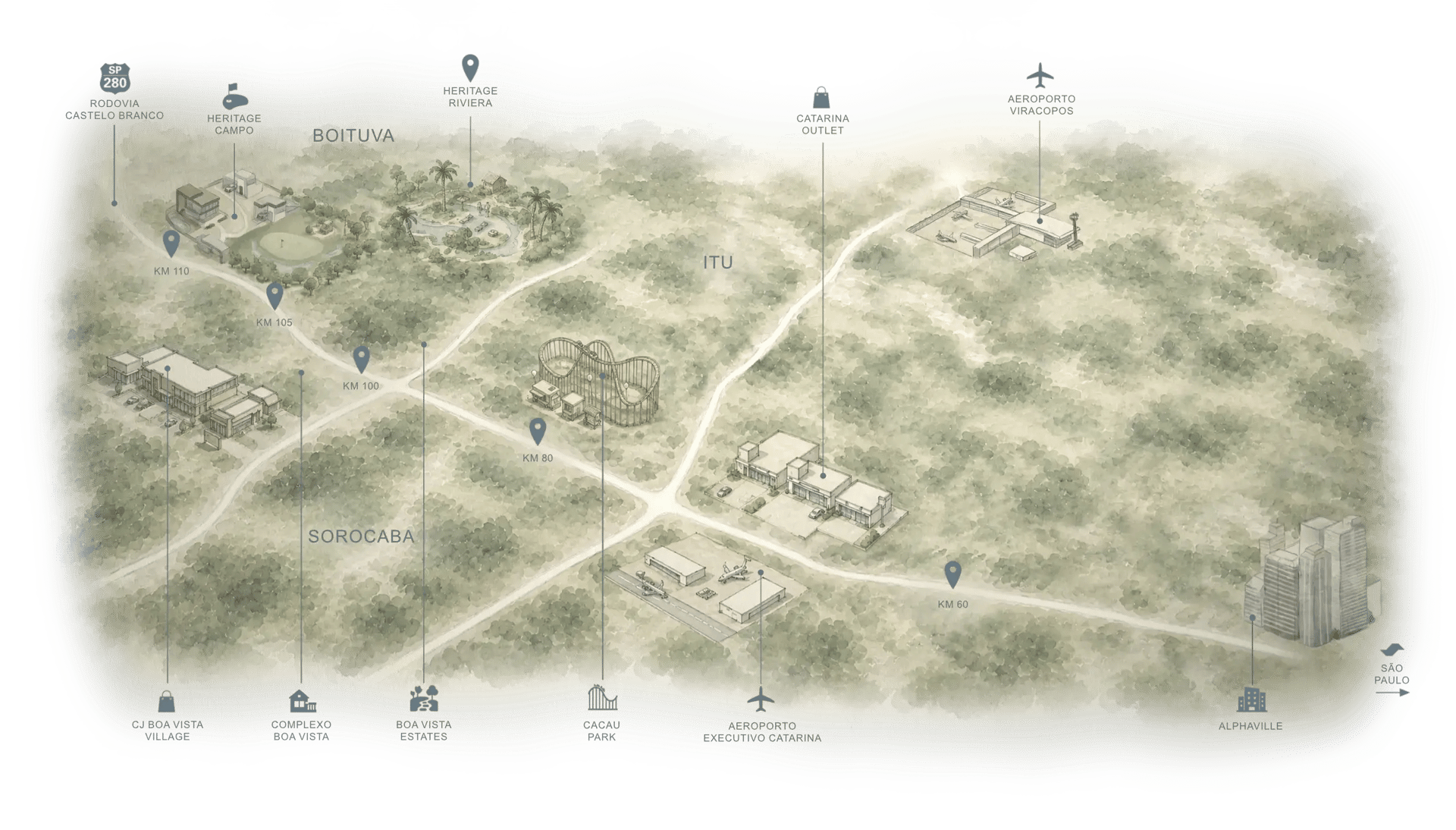 Mapa de localização do Heritage Riviera em Porto Feliz, a 90 minutos de São Paulo