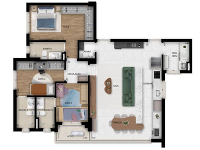 110m2 - 3 suítes e varanda integrada à sala