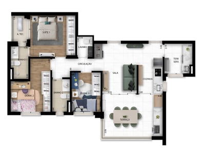 90m2 - 3 dormitórios (1 suíte)