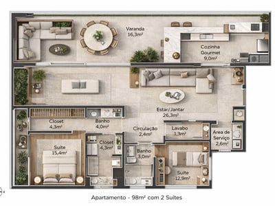 Apartamento 98m² (2 suítes)