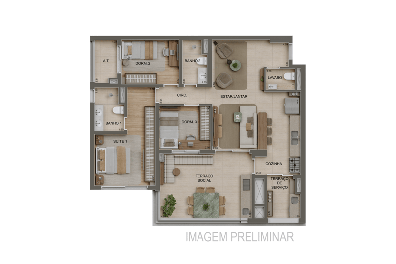 Planta 3 dorms (1 suíte) do Monã Anália Franco