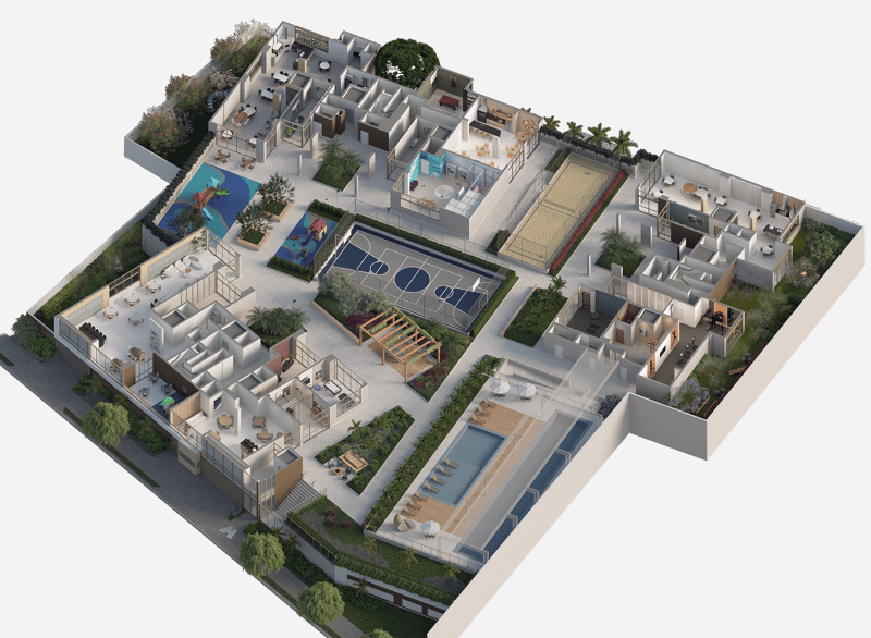 Implantação 3D do pavimento térreo do Andaluzia