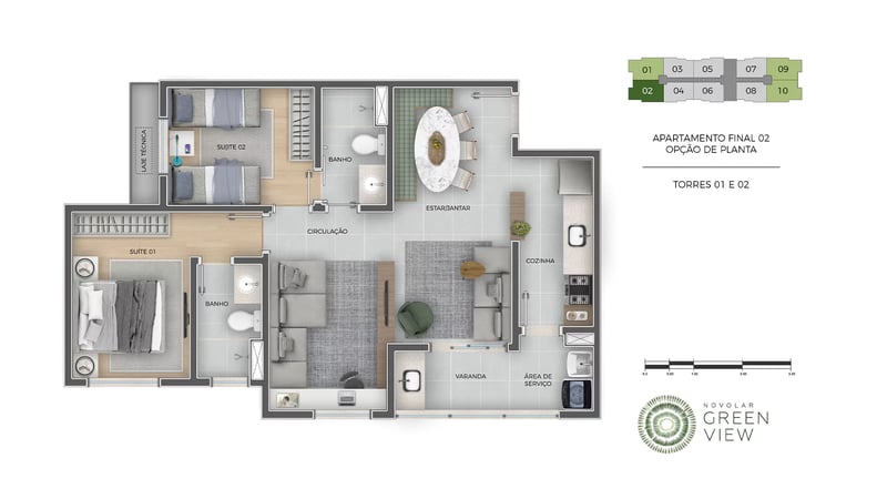 2 Dorms com Suíte, Sala Ampliada e Varanda Gourmet — Final 02 (opção de planta) do Green View