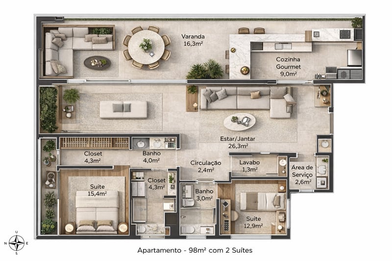 Apartamento 98m² (2 suítes) do Residencial Vista Aurea