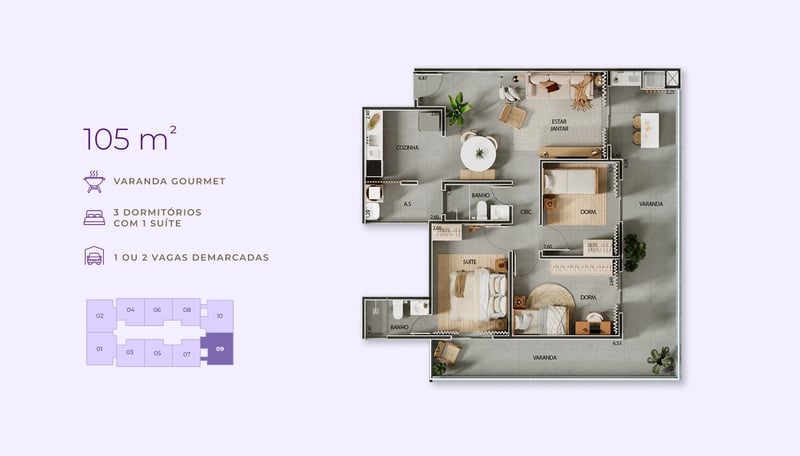 105 m² — 3 dorms., 1 suíte (finais 9 e 10) do Jacarandá Club