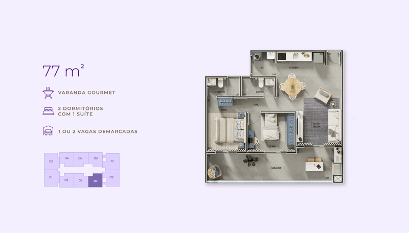 77 m² — 2 dorms., 1 suíte (finais 3 a 8) do Jacarandá Club