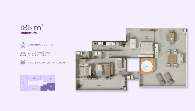 186 m² — Cobertura, 3 dorms., 1 suíte do Jacarandá Club