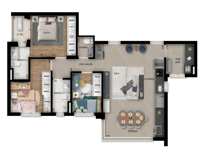90m2 - 3 dormitórios (1 suíte) e varanda integrada à sala